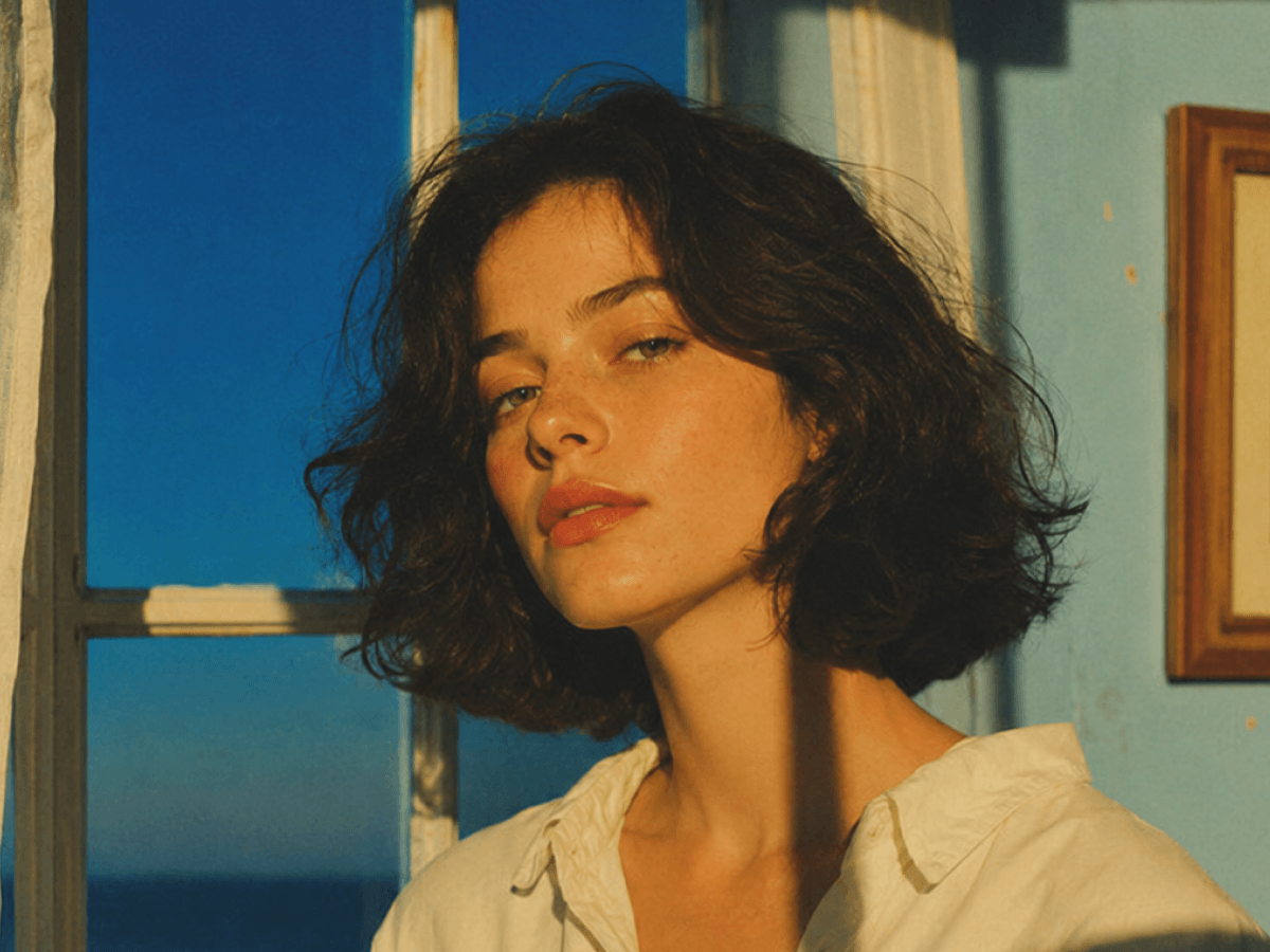 A young woman lounging by a window, ocean view outside, sunset light on her face