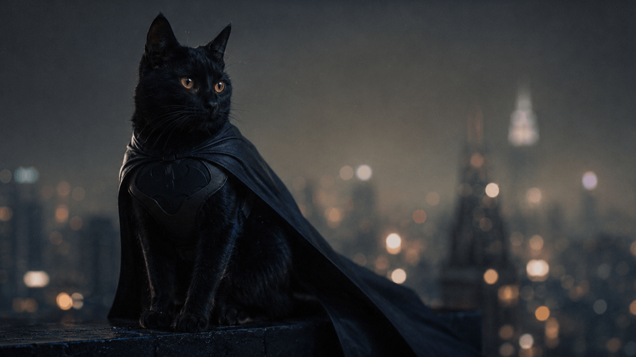 A bat-cat on a city rooftop at night, watching over the city