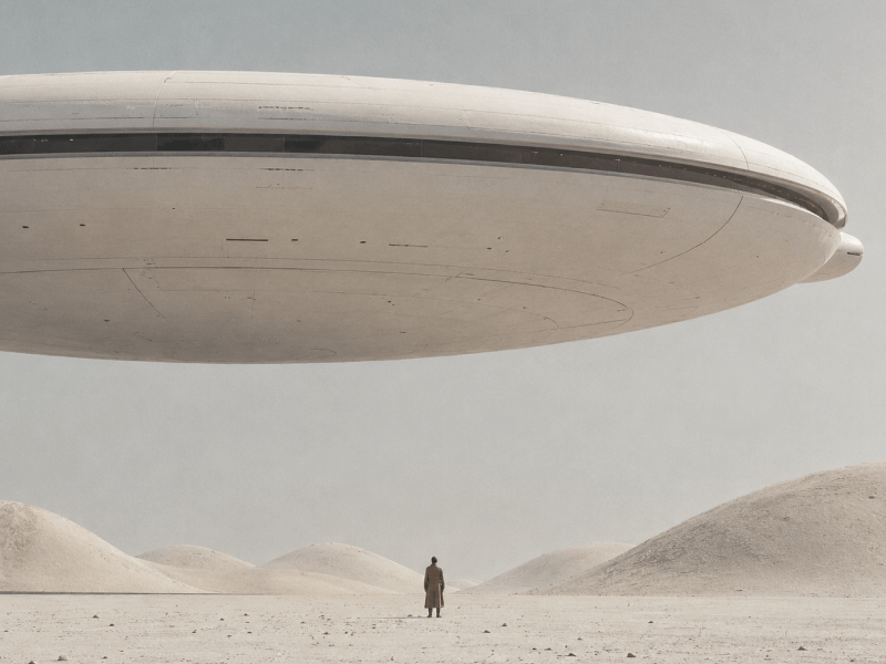 A giant UFO hovering over a vast desert, a tiny figure below